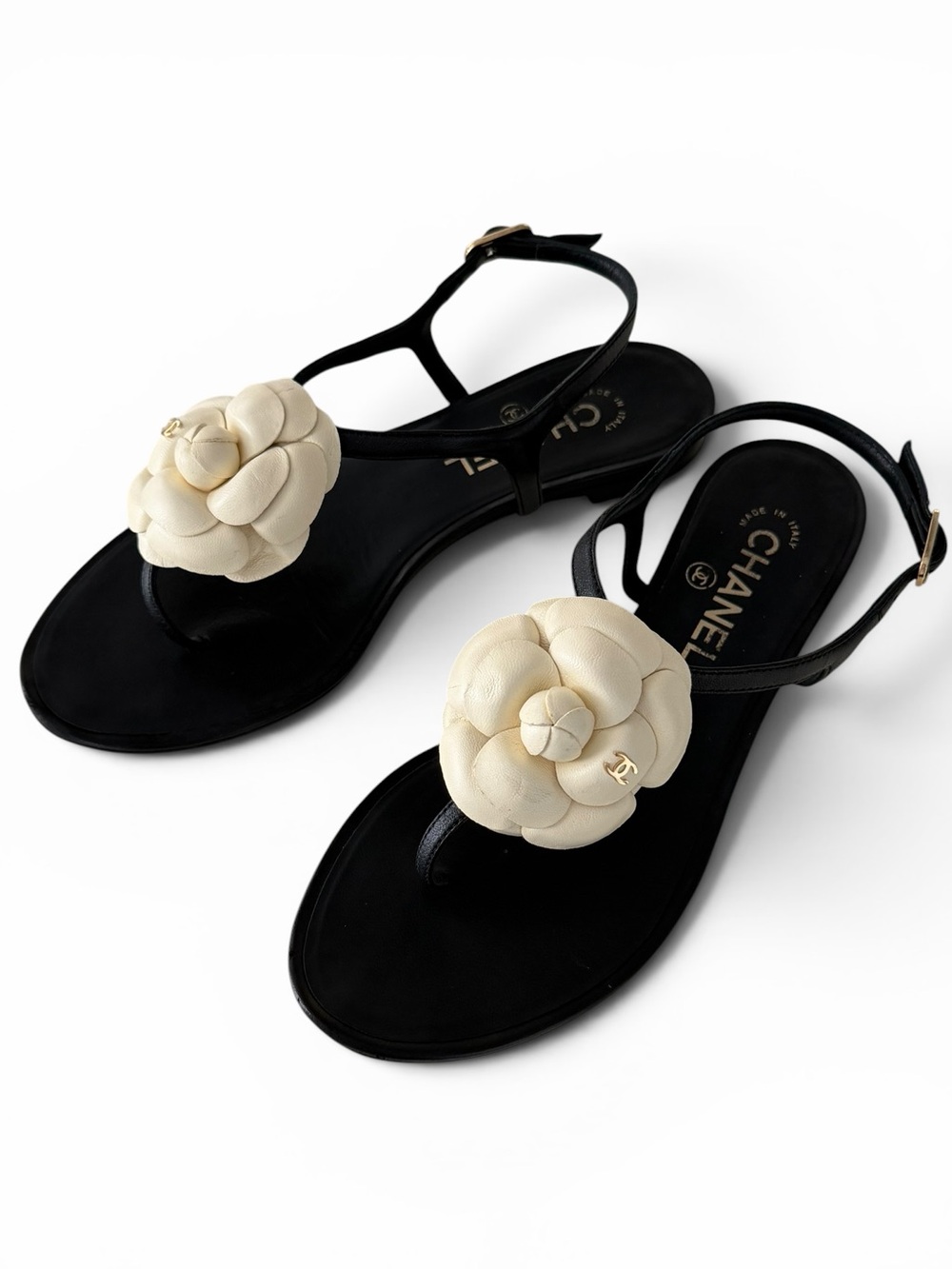 CHANEL Black Leather And Cream Camellia CC Thong Sandals / Size 38